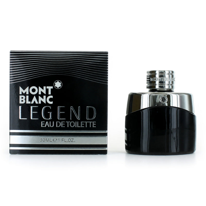 Mont Blanc Legend men's 1 oz EDT spray bottle with sleek design and black cap, displayed on a neutral background.
