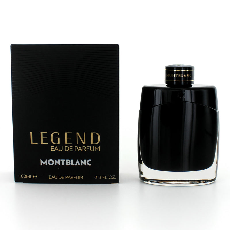 Mont Blanc Legend men's 3.3 oz Eau de Parfum spray bottle, sleek design with silver accents and black cap, on a white background.