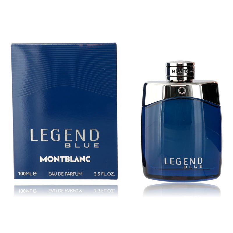 Mont Blanc Legend Blue men's 3.3 oz EDP spray bottle with sleek packaging and blue fragrance design.
