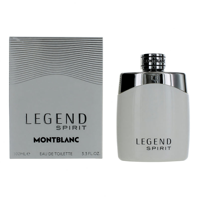 Mont Blanc Legend Spirit men's 3.3 oz EDT spray bottle with sleek packaging and branding.