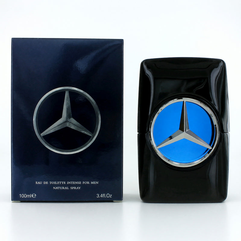 Mercedes Benz Man EDT Intense spray for men, 3.4 oz bottle, featuring sleek design and branding for a sophisticated fragrance.