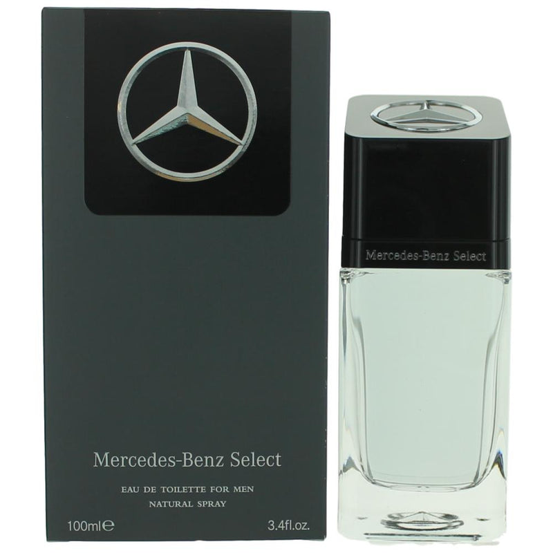 Mercedes Benz Select men's 3.4 oz EDT spray bottle, sleek design with silver cap, stylishly displayed on a neutral background.
