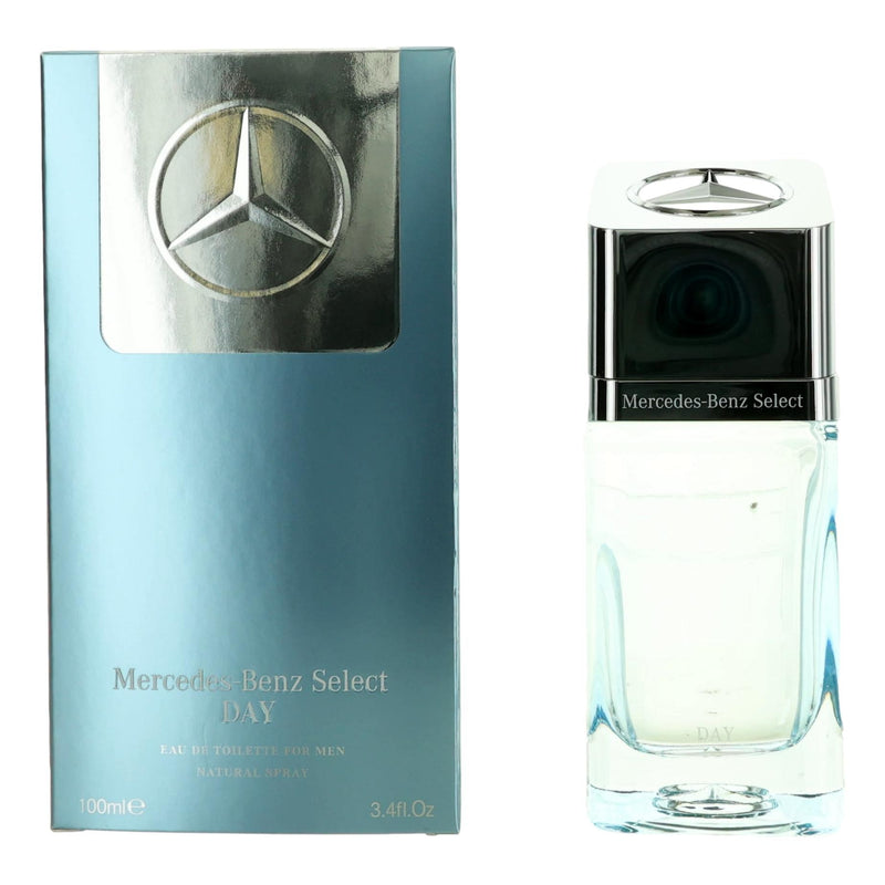 Mercedes Benz Select Day men's 3.4 oz EDT spray bottle, sleek design, with the Mercedes Benz logo visible on the packaging.