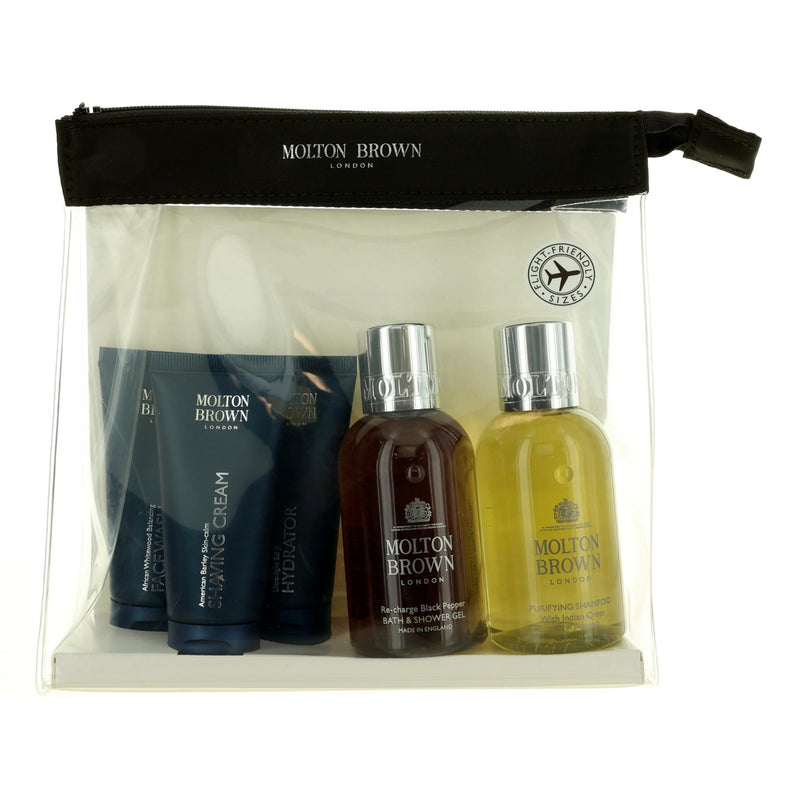 Molton Brown Well Groomed men's carry-on set with five grooming products, compact travel-sized toiletries for men.