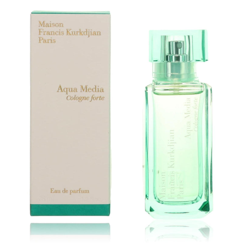 Maison Francis Kurkdjian Aqua Media Cologne Forte 1.2oz unisex EDP spray bottle with sleek design and transparent cap.