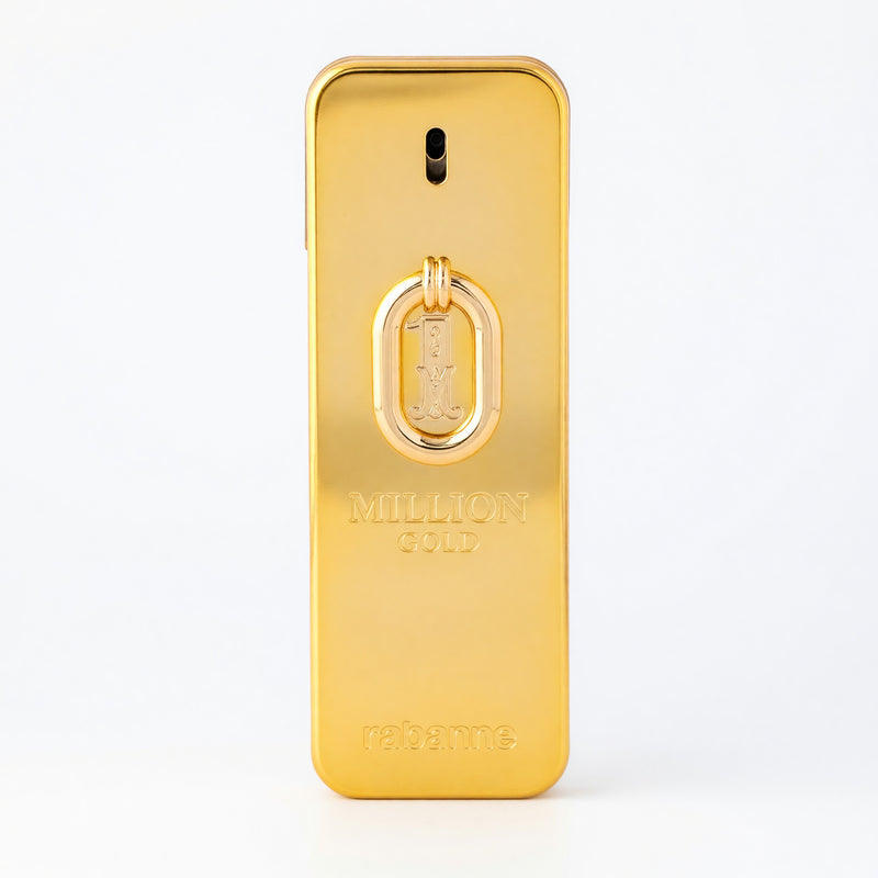 Unboxed 3.4oz Paco Rabanne 1 Million Gold men's Eau de Parfum Intense spray, showing the gold bottle and packaging details.