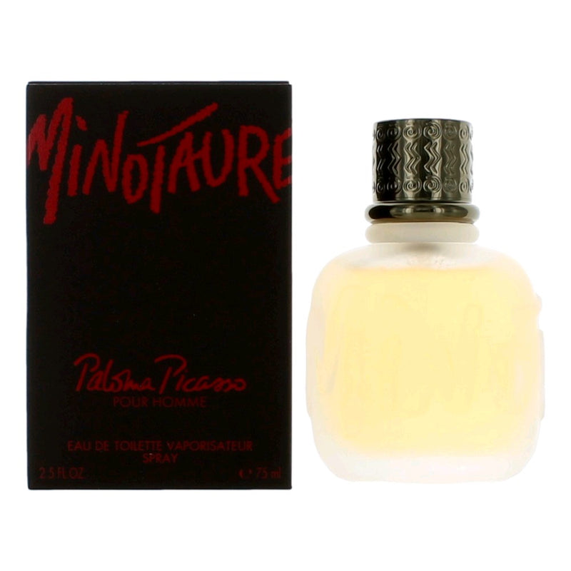 Paloma Picasso Minotaure 2.5 oz men's EDT spray bottle, sleek design, with the fragrance and brand logo visible.