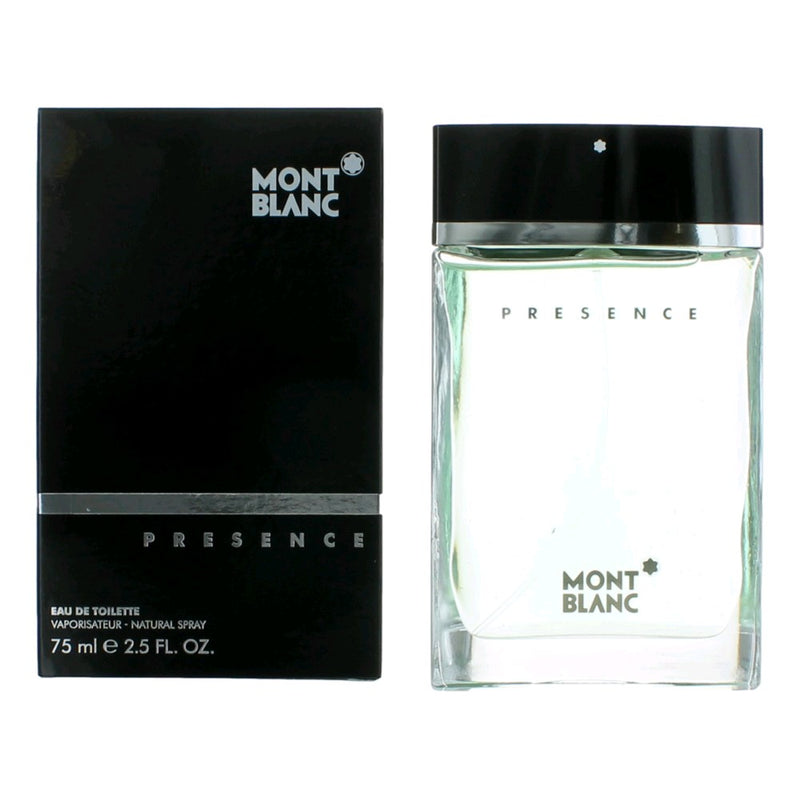 Mont Blanc Presence 2.5 oz men's EDT spray bottle with sleek design and cap, ready for use.