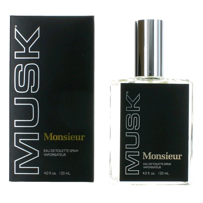 Dana Monsieur Musk 4 oz men's EDT spray bottle, featuring a sleek design and classic fragrance for men.