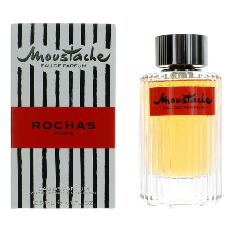 Rochas Moustache men’s 4.1 oz Eau de Parfum spray bottle with sleek packaging and branding visible.