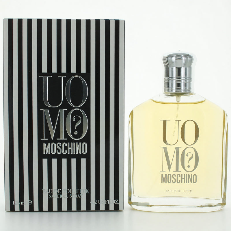 Moschino Uomo men's 4.2 oz EDT spray bottle with sleek packaging, showcasing the signature Moschino branding.
