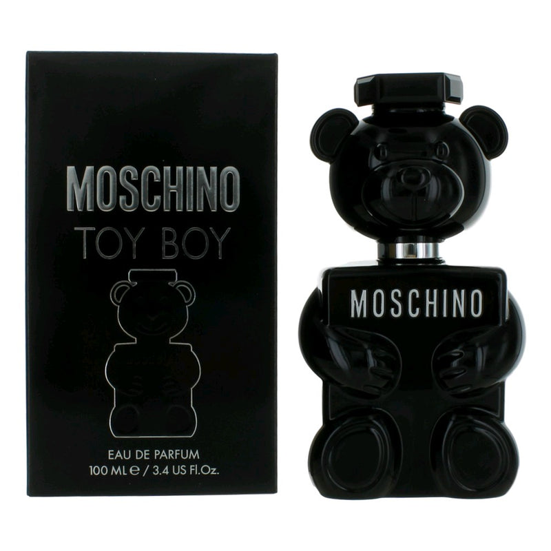 Moschino Toy Boy 3.4 oz men's EDP spray bottle, featuring playful packaging and sleek design for a modern fragrance.