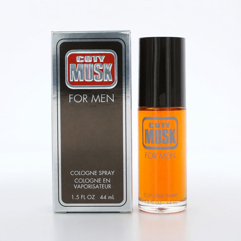 Coty Musk men's cologne spray, 1.5 oz bottle, with a sleek design and label featuring the Musk fragrance by Coty.