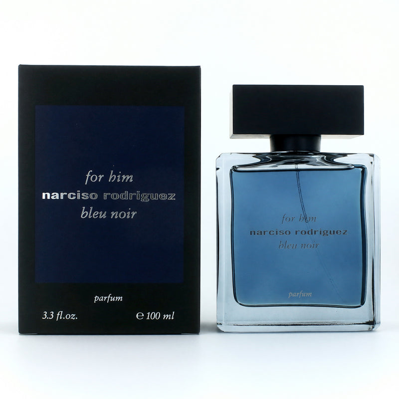 Narciso Rodriguez Bleu Noir men's 3.3oz parfum spray bottle with sleek black design and minimalist label.