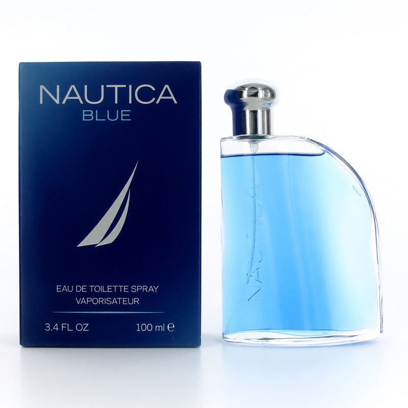 Nautica Blue men's 3.4 oz EDT spray bottle with sleek blue packaging, showcasing the Nautica brand and fresh fragrance.