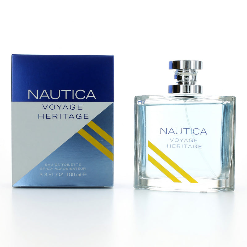 Nautica Voyage Heritage men's 3.3 oz EDT spray bottle with Nautica branding and sleek design.