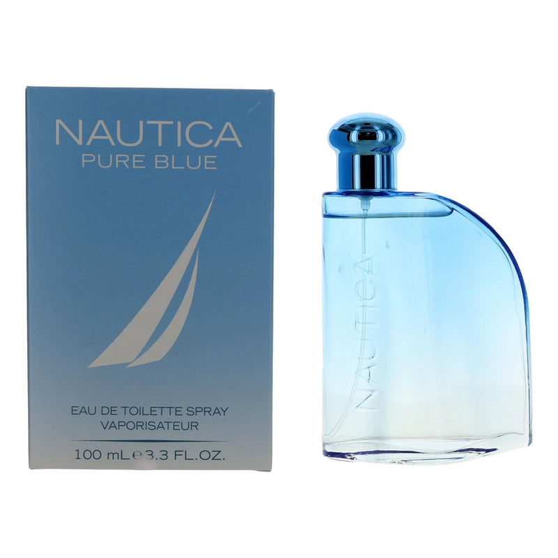 Nautica Pure Blue men’s 3.3 oz EDT spray bottle, featuring a sleek design and Nautica branding on the packaging.