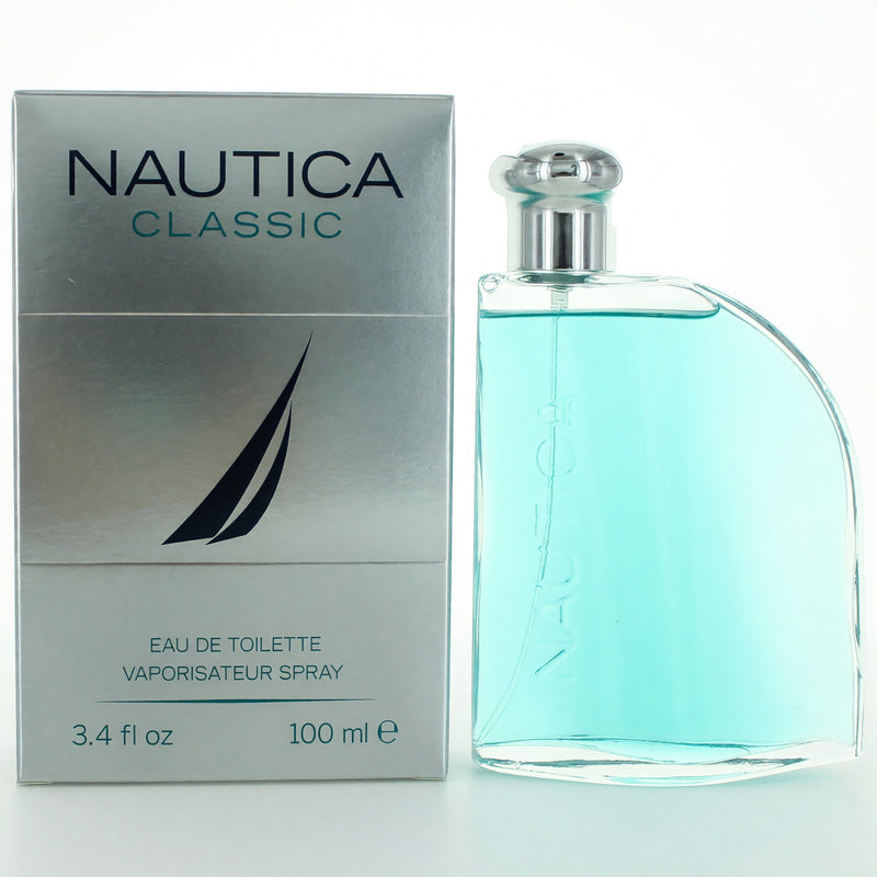 Nautica Classic men's 3.4 oz EDT spray bottle with Nautica branding and sleek design, displayed on a neutral background.