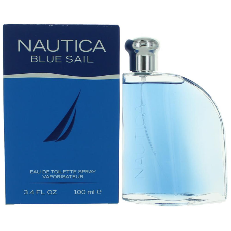 Nautica Blue Sail 3.4 oz men's EDT spray bottle with blue and white Nautica branding and nautical-themed design.