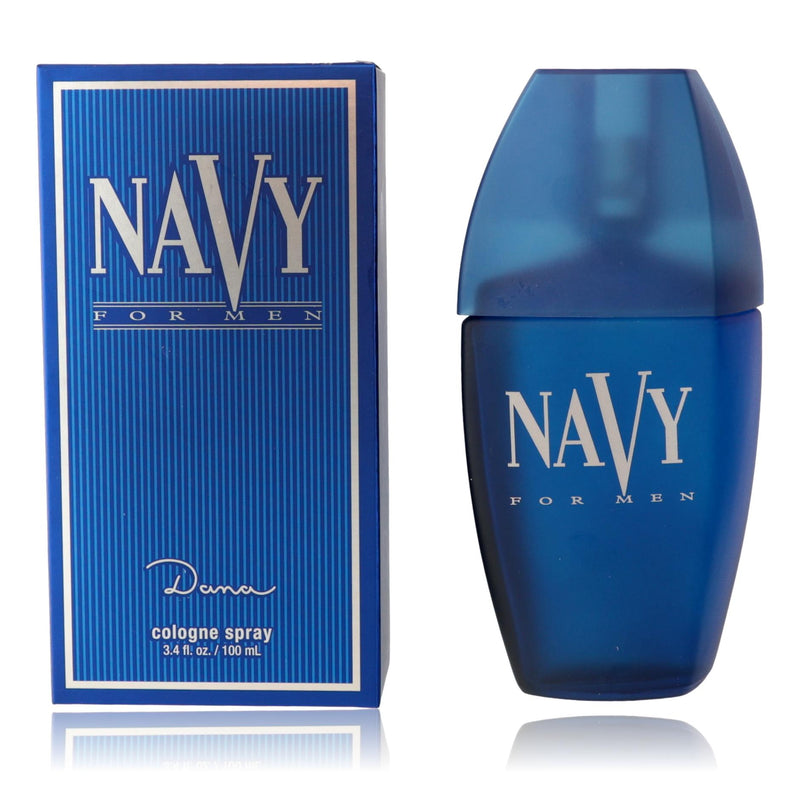 Navy by Dana men's 3.4 oz cologne spray bottle, sleek navy packaging, and spray nozzle visible.