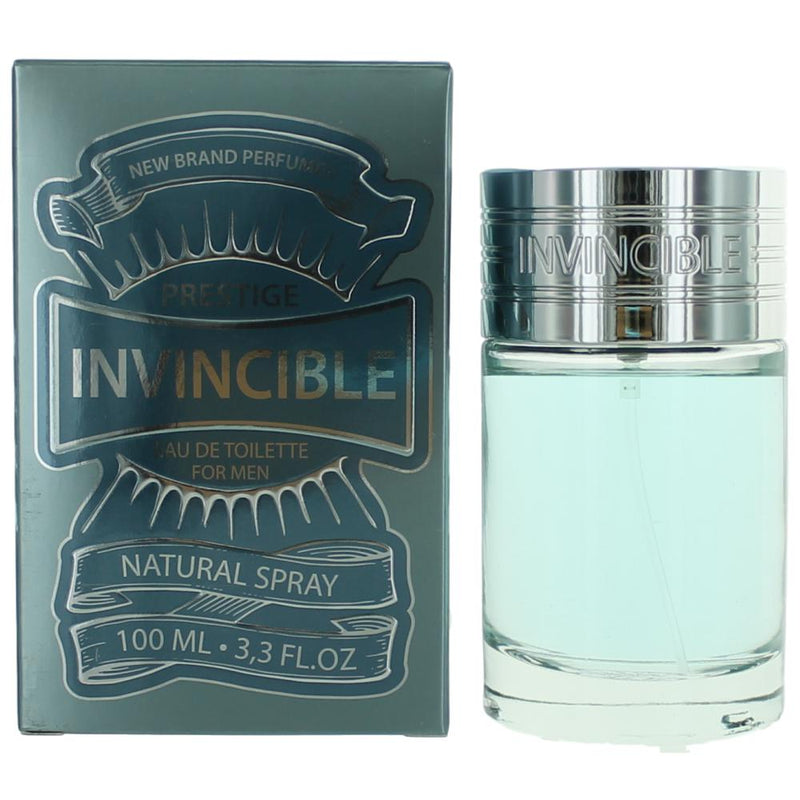 Invincible by New Brand 3.3 oz men's EDT spray bottle, sleek packaging for a fresh, masculine fragrance.