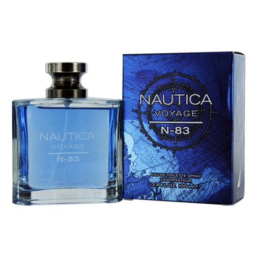 Nautica Voyage N-83 men's 3.4 oz EDT spray bottle, featuring Nautica branding and a sleek design.