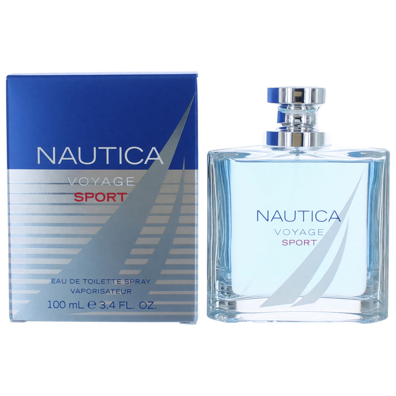 Nautica Voyage Sport men's 3.4 oz EDT spray bottle with sleek Nautica branding and blue accents on the packaging.