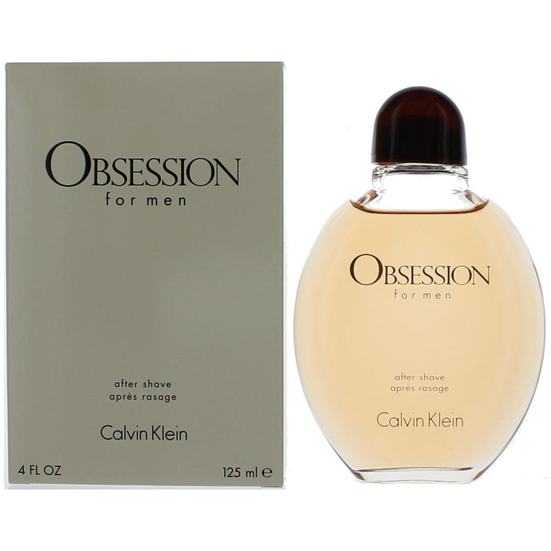 Calvin Klein Obsession 4 oz men's after shave splash bottle with a sleek design and minimalist label.