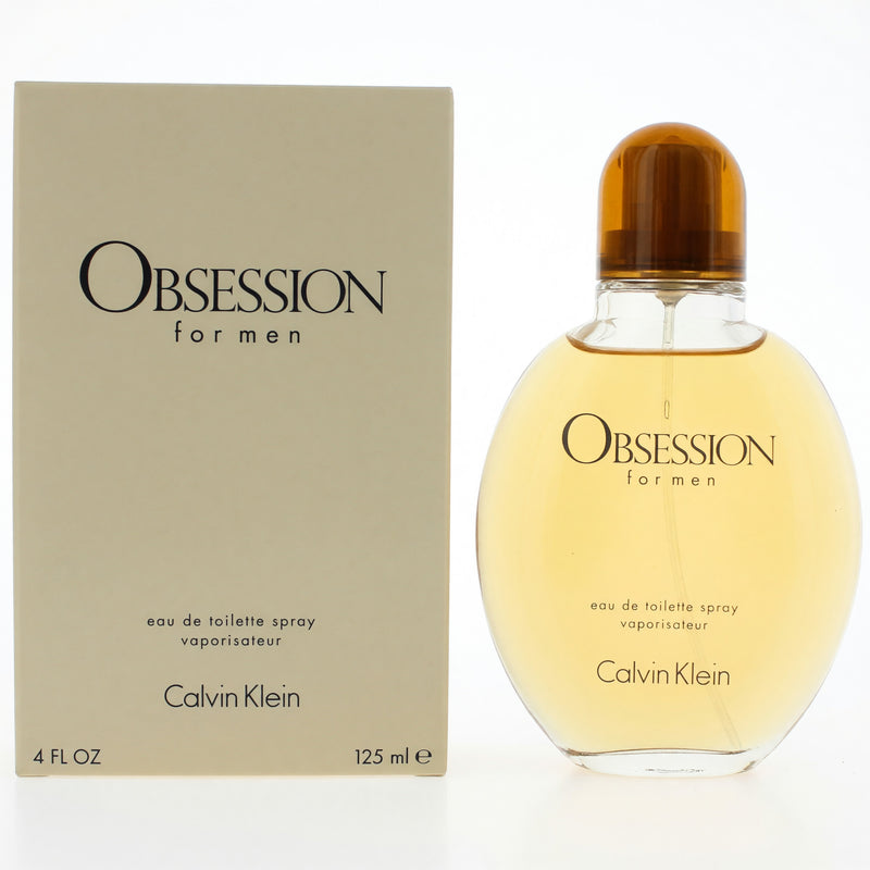 Calvin Klein Obsession men's 4 oz EDT spray bottle with sleek packaging and fragrance details visible.