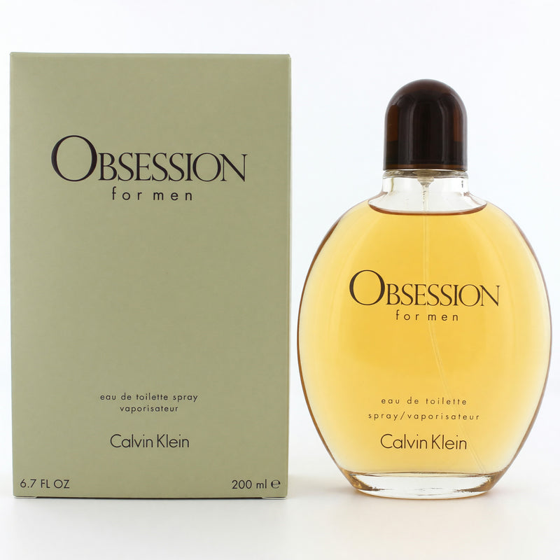Calvin Klein Obsession men's 6.7 oz EDT spray bottle, featuring sleek packaging and a modern design.