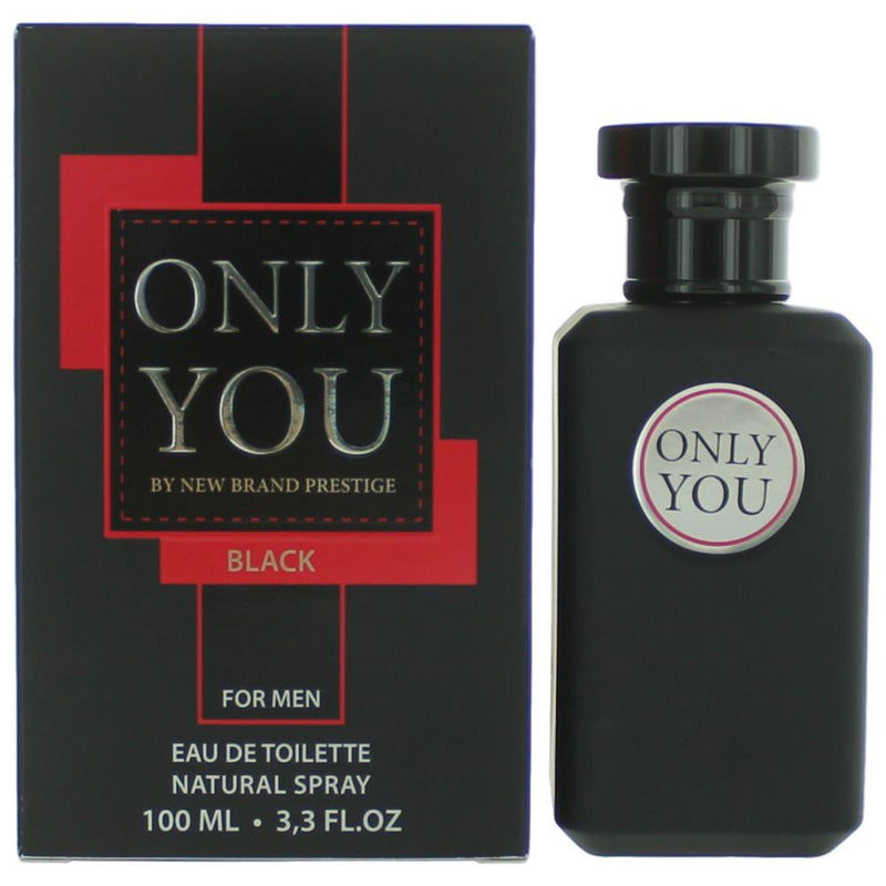 New Brand Only You Black 3.3 oz men's EDT spray bottle with sleek black packaging and spray nozzle.