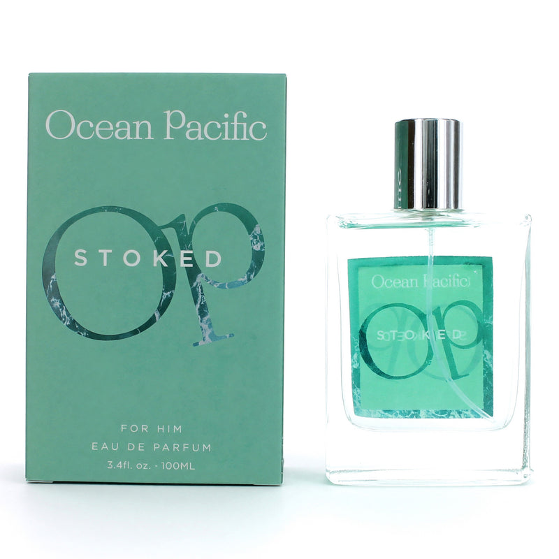 Ocean Pacific OP Stoked 3.4 oz men's EDT spray bottle with sleek packaging, designed for fresh, masculine fragrance.