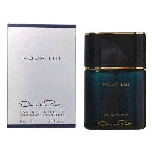 Oscar Pour Lui by Oscar De La Renta men's 3 oz EDT spray bottle with sleek packaging and classic fragrance design.