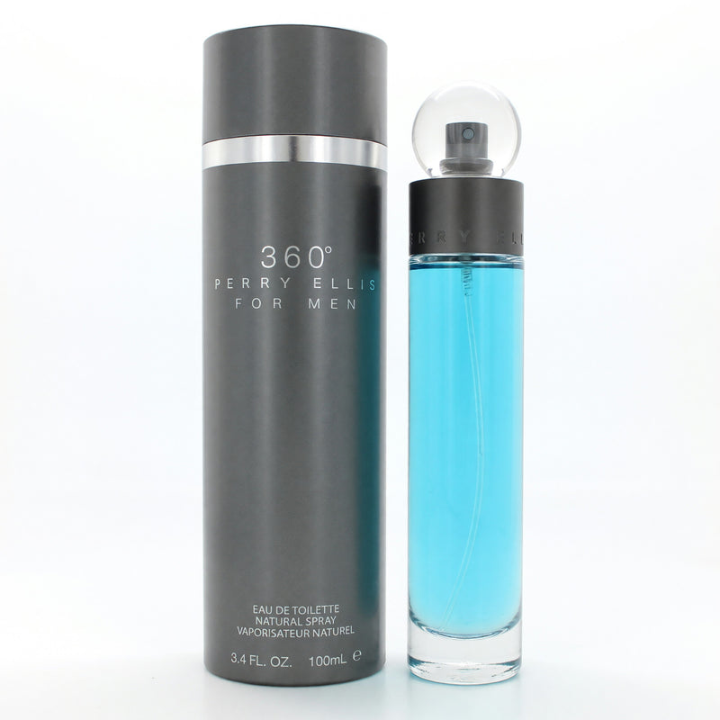 Perry Ellis 360 by Perry Ellis men's 3.4 oz EDT spray bottle with sleek design and silver cap.