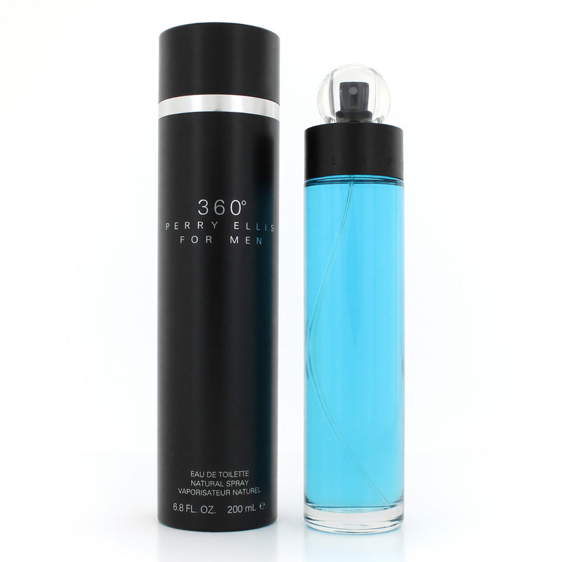 Perry Ellis 360 men's EDT spray bottle, 6.8 oz, with sleek packaging and clear Perry Ellis branding.