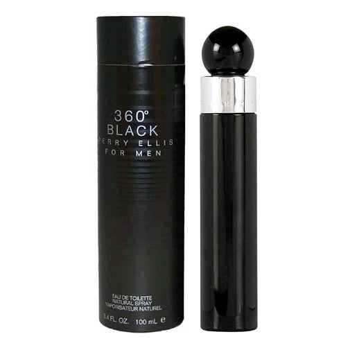 Perry Ellis 360 Black men's 3.4 oz EDT spray bottle with black packaging and sleek design.