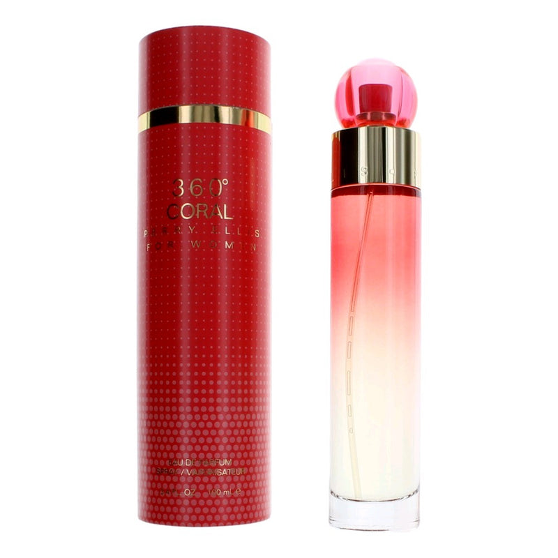 Perry Ellis 360 Coral women's 3.4 oz EDP spray bottle with floral design and coral accents.