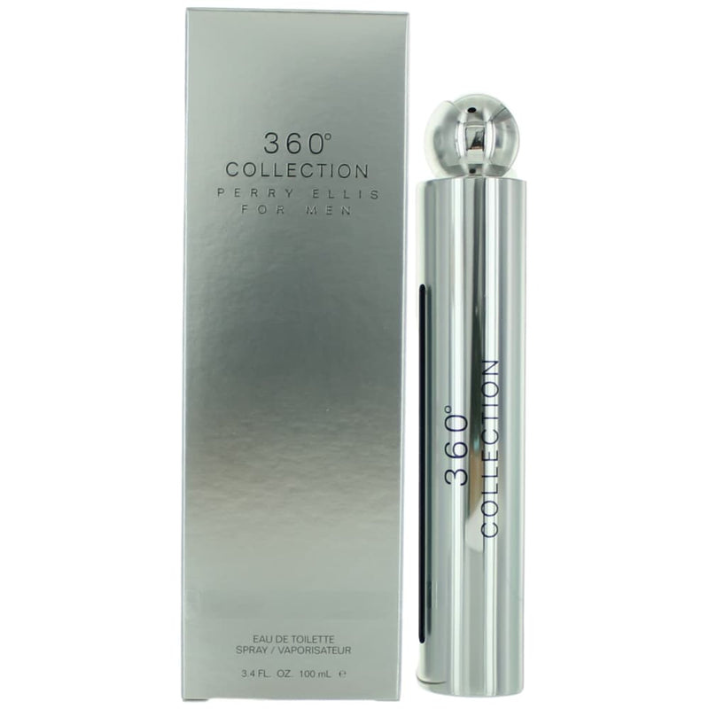 Perry Ellis 360 Collection men's 3.4 oz EDT spray bottle, sleek packaging, and brand logo visible in the image.