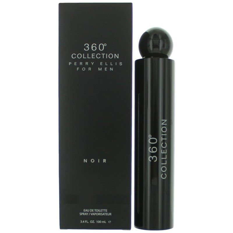 Perry Ellis 360 Collection Noir men's 3.4oz EDT spray bottle, sleek black packaging with silver accents.
