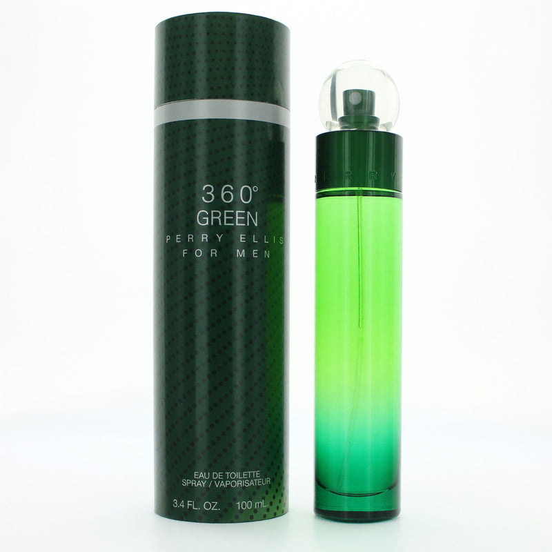 Perry Ellis 360 Green men's 3.4 oz EDT spray bottle with green and silver packaging, sleek design, and Perry Ellis branding.