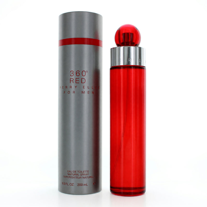 Perry Ellis 360 Red men's 6.8 oz EDT spray bottle with red and silver packaging, display of the fragrance product.