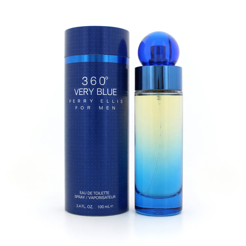 Perry Ellis 360 Very Blue men's 3.4 oz EDT spray bottle with blue and silver packaging.
