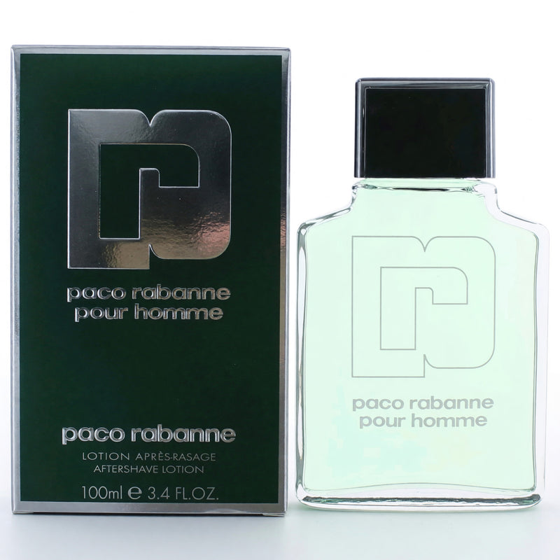 Paco Rabanne Pour Homme 3.4oz aftershave lotion for men, with a sleek bottle and minimalist design.