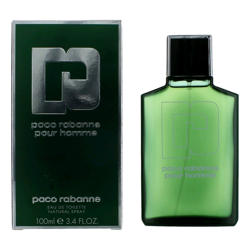 Paco Rabanne Pour Homme 3.4 oz men's EDT spray bottle with sleek design and silver cap.
