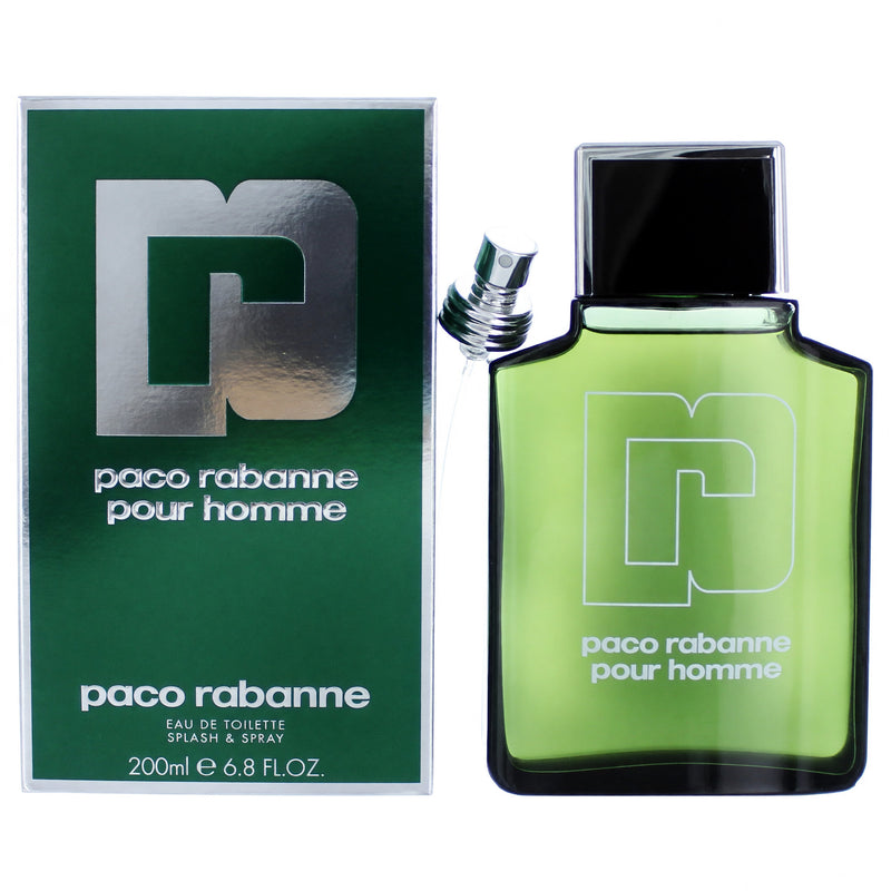 Paco Rabanne Pour Homme 6.7oz men's EDT splash bottle with silver cap and sleek design, ready for use.
