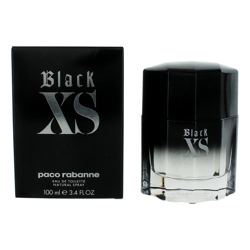 Black XS by Paco Rabanne 3.4 oz men's EDT spray bottle, sleek black packaging with silver accents.