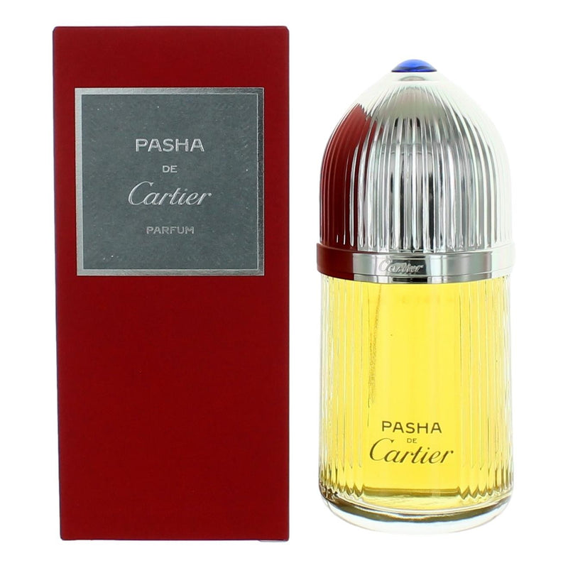 Cartier Pasha De Cartier 3.3 oz men's parfum spray bottle with elegant design and logo visible.