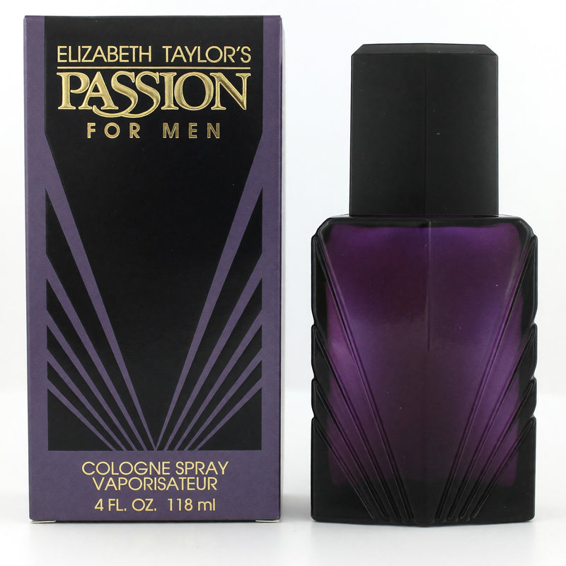 Elizabeth Taylor Passion men's 4 oz cologne spray bottle, sleek design with vibrant packaging, perfect for casual or formal wear.