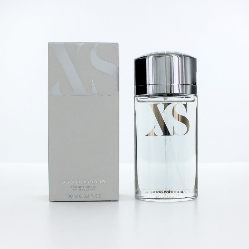 XS by Paco Rabanne 3.4 oz men's EDT spray bottle, sleek design, featuring the brand's signature styling.