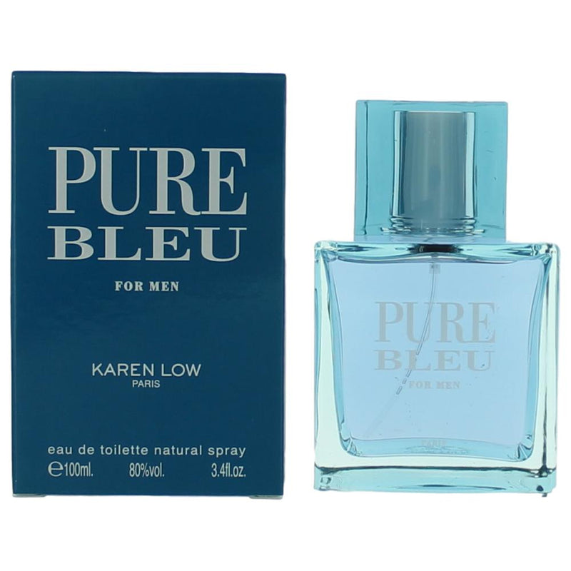 Pure Bleu by Karen Low men's 3.4 oz EDT spray, featuring a sleek bottle with a blue cap and elegant design.
